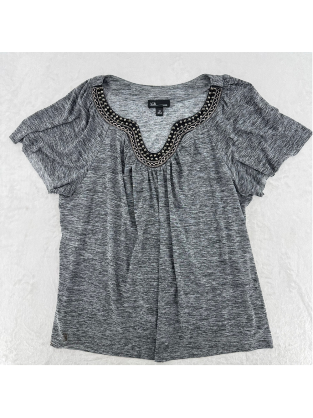Beaded Neckline Gray Top Short Flutter Sleeves AGB Size 3X